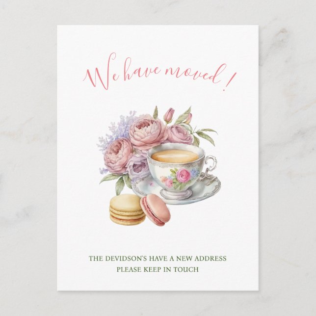 Watercolor Tea Pink Flowers New Home Moving Announ Postcard (Front)