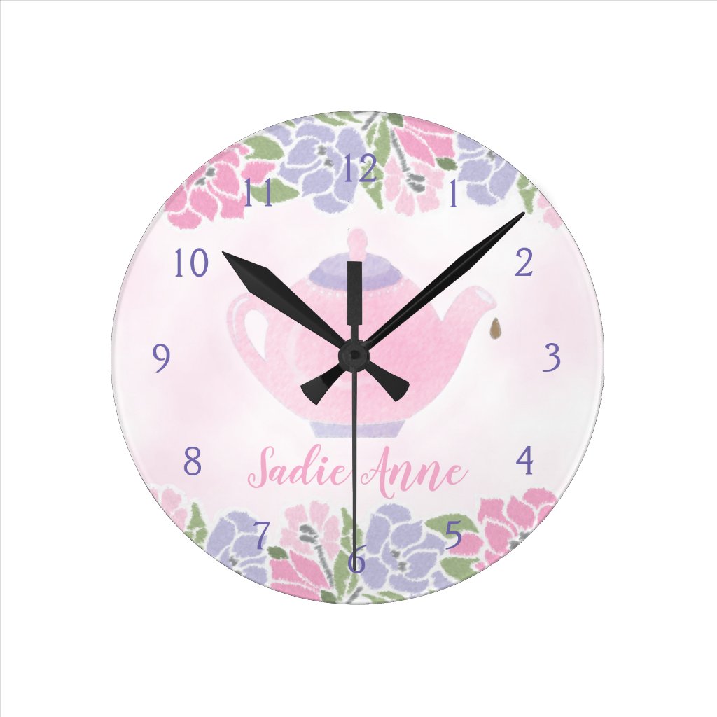 Watercolor Tea Pot Nursery Decor Pink and Purple Round Clock