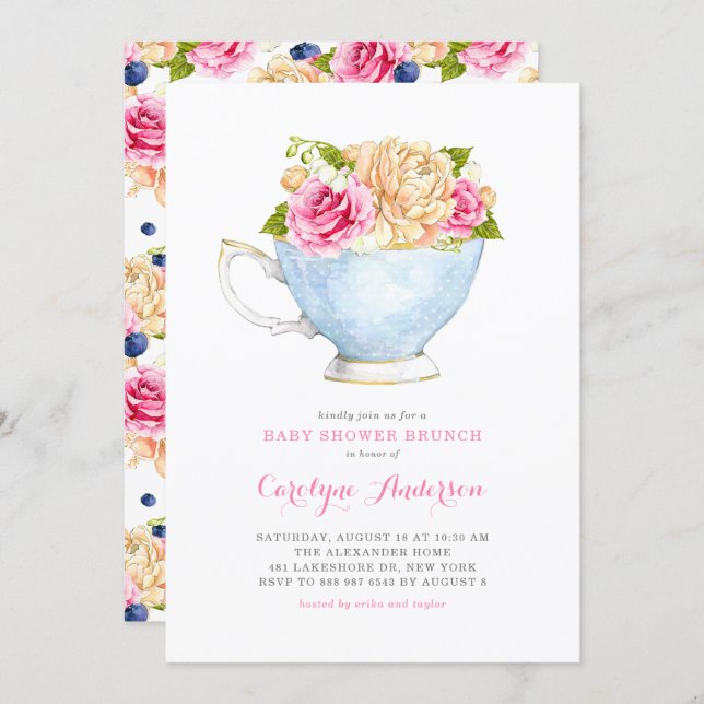 Watercolor Teacup Bouquet Flowers Baby Shower Invitation (Front/Back)