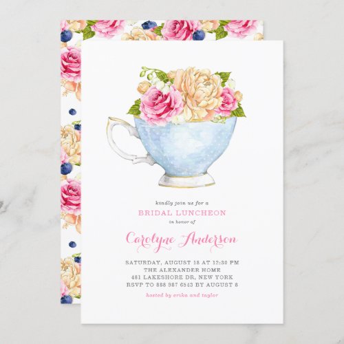 Watercolor Teacup Bouquet Flowers Bridal Luncheon Invitation