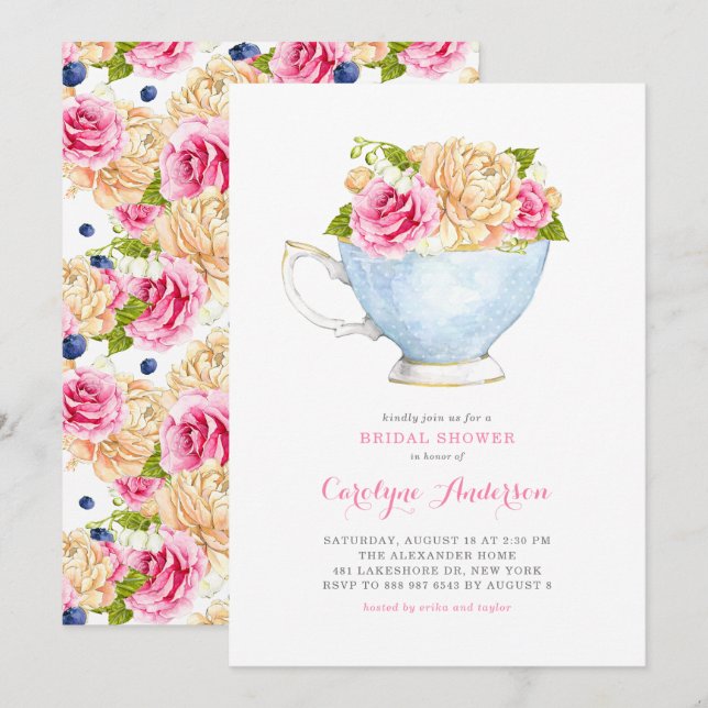 Watercolor Teacup Bouquet Flowers Bridal Shower Invitation (Front/Back)
