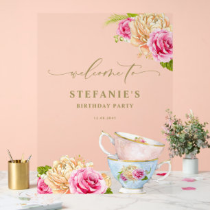 Watercolor Teacup Garden Floral Birthday Tea Party Acrylic Sign