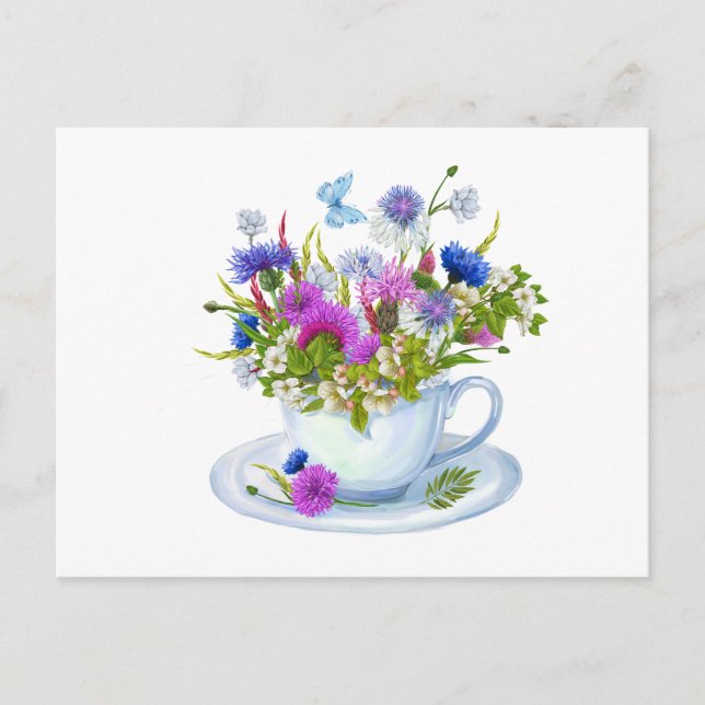 Watercolor Teacup with Cornflowers, Wildflowers Postcard (Front)