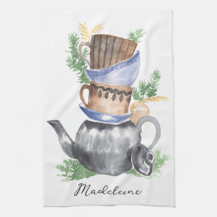 Watercolor Teacups & Teapot Script Name Kitchen Towel