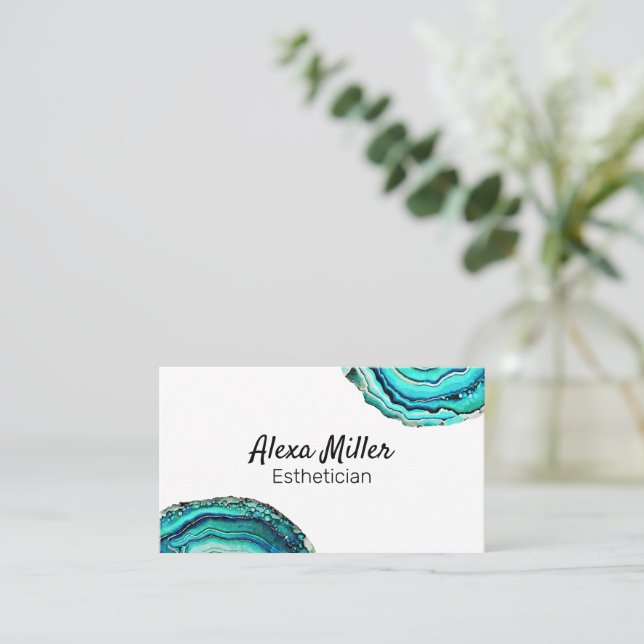 Watercolor Teal Agate Geode Slice Crystal Business Card (Standing Front)