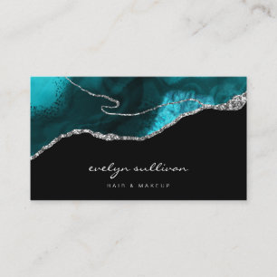 watercolor teal agate on black business card