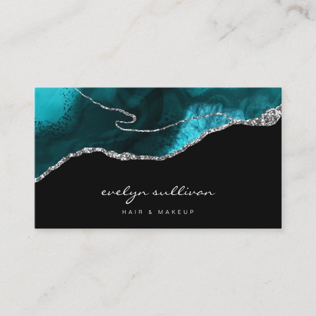 watercolor teal agate on black business card (Front)