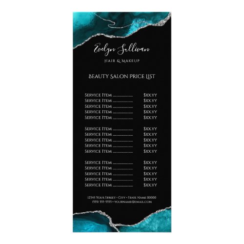 watercolor teal agate on black price list rack card