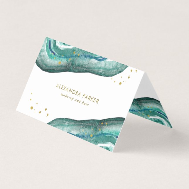 Watercolor Teal and Faux Gold Geode Business Card (Front)