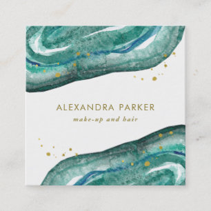 Watercolor Teal and Faux Gold Geode   Square Business Card