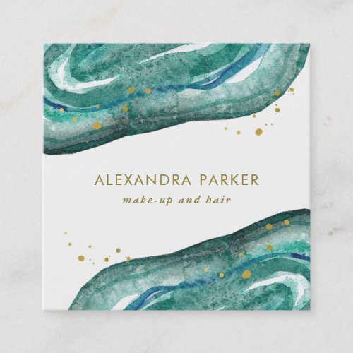 Watercolor Teal and Faux Gold Geode  Square Square Business Card