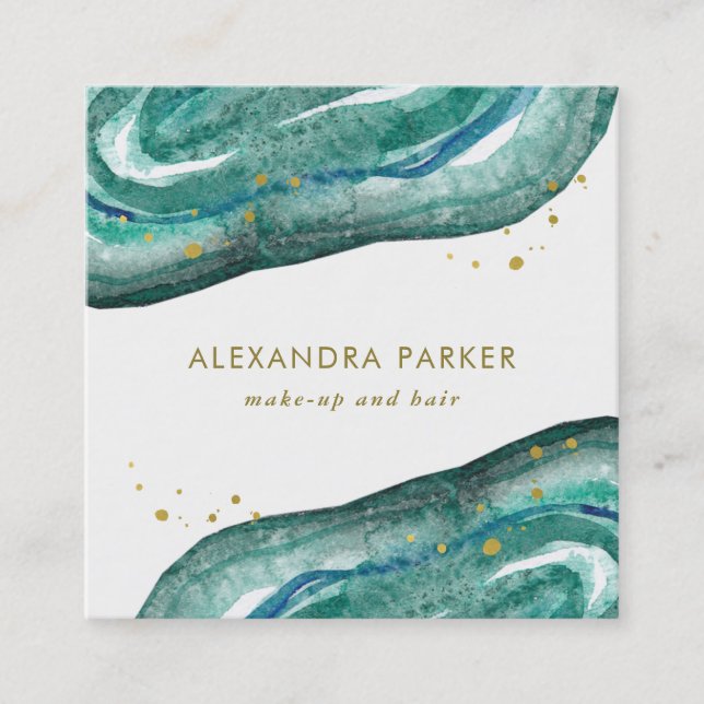 Watercolor Teal and Faux Gold Geode | Square Square Business Card (Front)
