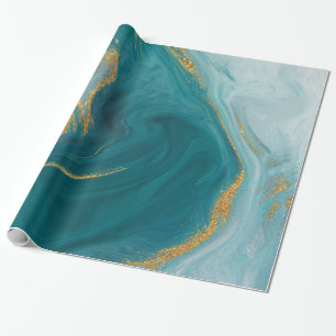 Watercolor Teal and Faux Gold Geode Wrapping Paper