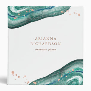 Watercolor Teal and Faux Rose Gold Geode 3 Ring Binder