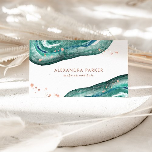 Watercolor Teal and Faux Rose Gold Geode Business Card