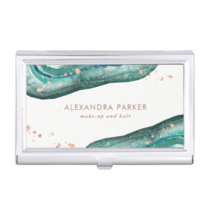 Watercolor Teal and Faux Rose Gold Geode Business Card Case