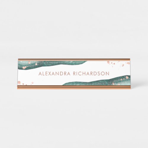 Watercolor Teal and Faux Rose Gold Geode Desk Name Plate