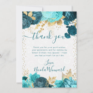 Watercolor Teal and Gold Flowers Sweet 16 Thank You Card