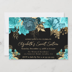 Watercolor Teal and Gold Flowers Sweet Sixteen Invitation
