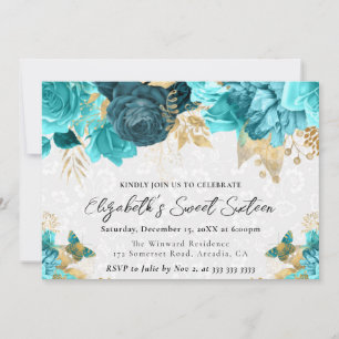 Watercolor Teal and Gold Flowers Sweet Sixteen Invitation