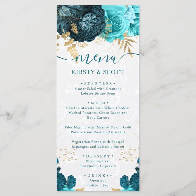 Watercolor Teal and Gold Flowers Wedding Menu (Front)