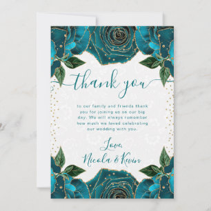 Watercolor Teal and Gold Flowers Wedding Thank You Card