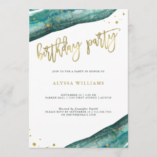 Watercolor Teal and Gold Geode Birthday Party Invitation