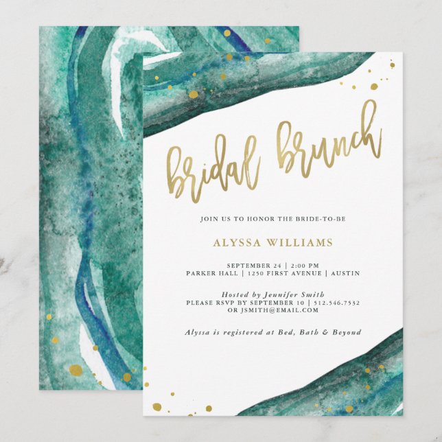 Watercolor Teal and Gold Geode Bridal Brunch Invitation (Front/Back)