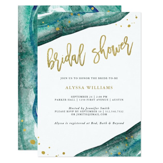 Watercolor Teal And Gold Geode Bridal Shower Invitation