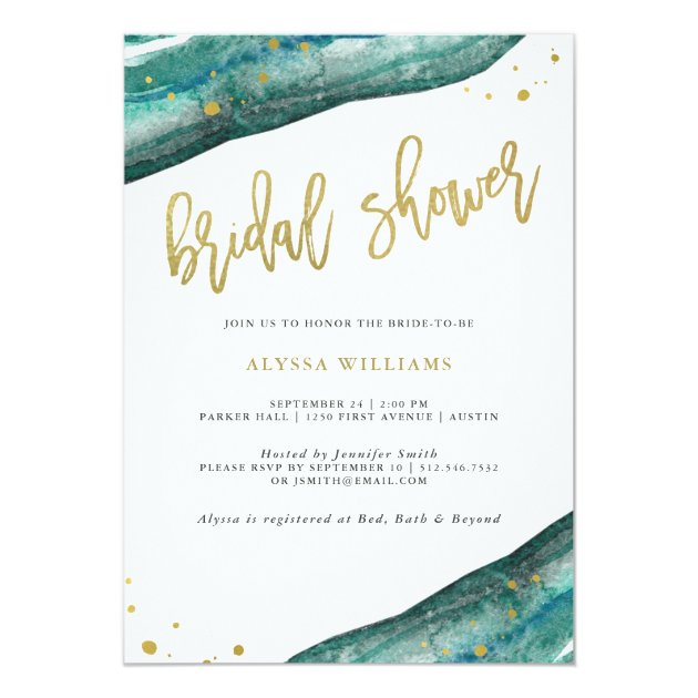 Watercolor Teal And Gold Geode Bridal Shower Invitation