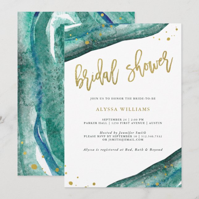 Watercolor Teal and Gold Geode Bridal Shower Invitation (Front/Back)