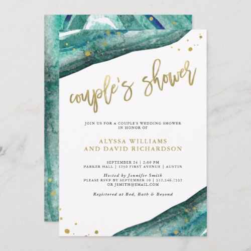 Watercolor Teal and Gold Geode Couples Shower Invitation