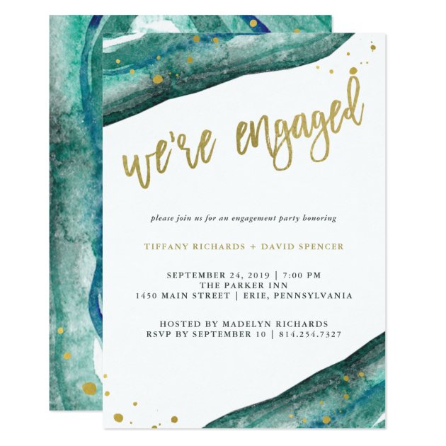Watercolor Teal And Gold Geode Engagement Party Invitation