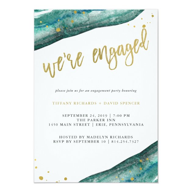 Watercolor Teal And Gold Geode Engagement Party Invitation