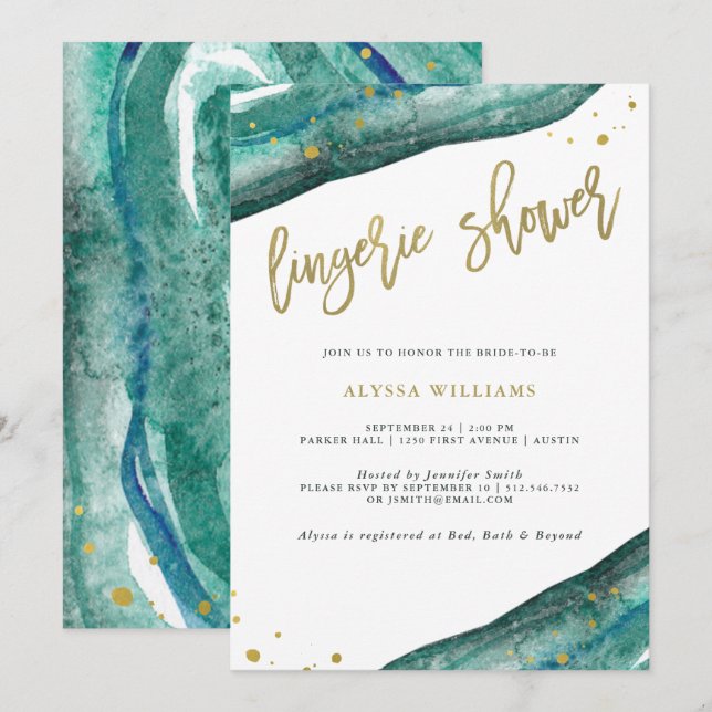 Watercolor Teal and Gold Geode Lingerie Shower Invitation (Front/Back)