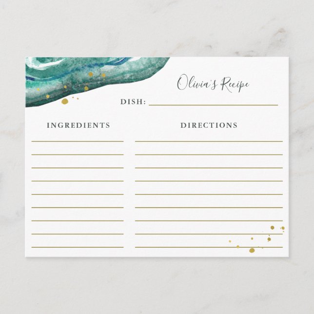 Watercolor Teal and Gold Geode | Recipe Card (Front)