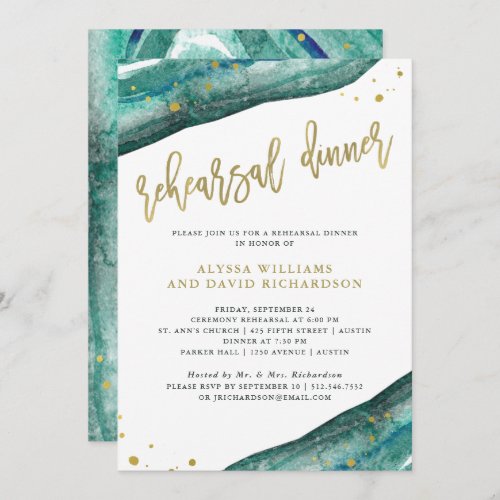 Watercolor Teal and Gold Geode Rehearsal Dinner Invitation