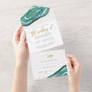 Watercolor Teal and Gold Geode Wedding All In One Invitation