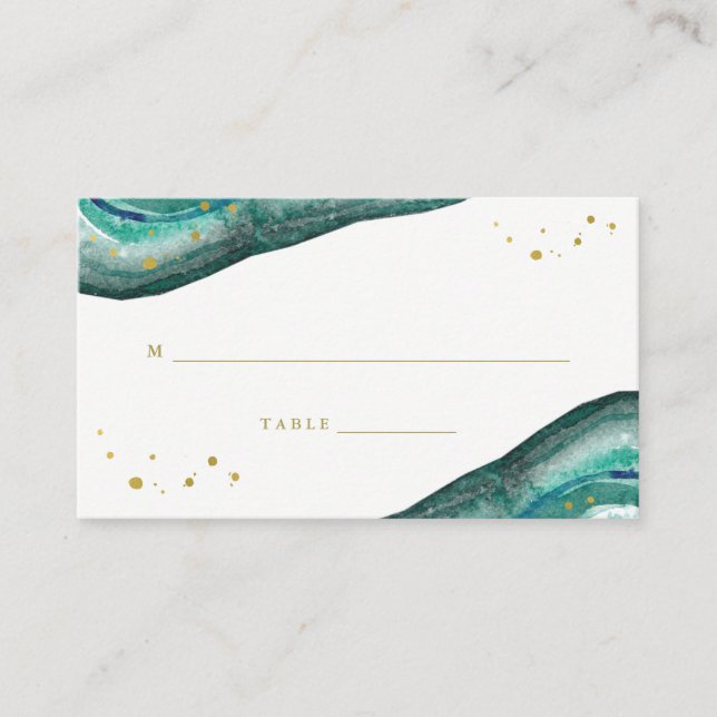 Watercolor Teal and Gold Geode Wedding Escort Card (Front)