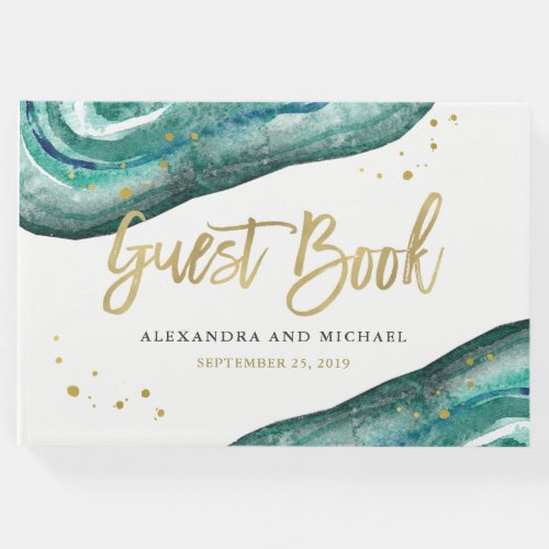 Watercolor Teal and Gold Geode Wedding Guest Book
