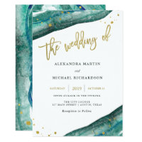 Watercolor Teal and Gold Geode Wedding Invitation