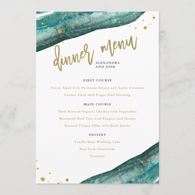 Watercolor Teal and Gold Geode Wedding Menu (Front)