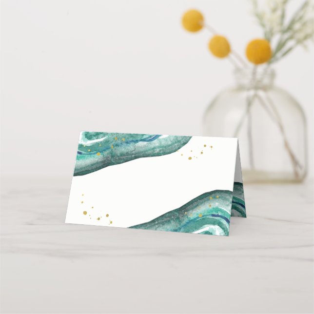 Watercolor Teal and Gold Geode Wedding Place Card (Front)