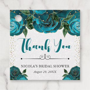 Watercolor Teal and Gold Glam Roses Bridal Shower Favor Tags
