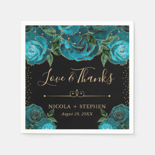 Watercolor Teal and Gold Glam Roses Wedding Napkins