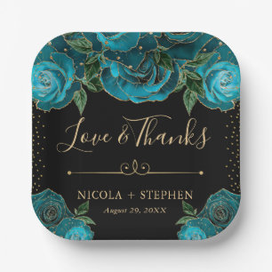 Watercolor Teal and Gold Glam Roses Wedding Paper Plates