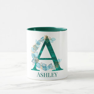 Watercolor Teal and Gold Monogram Letter A Mug
