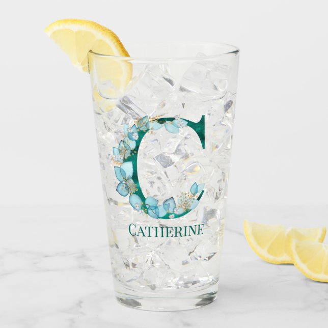 Watercolor Teal and Gold Monogram Letter C Glass (Front Ice)
