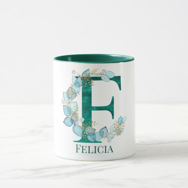 Watercolor Teal and Gold Monogram Letter F Mug (Center)