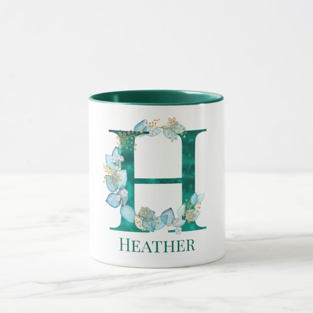 Watercolor Teal and Gold Monogram Letter H Mug (Center)
